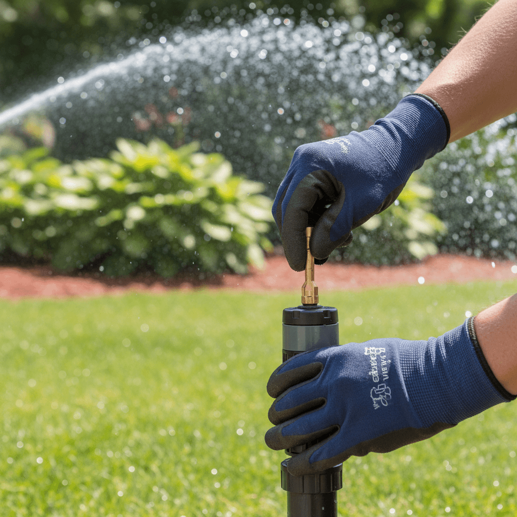 Professional landscaper adjusting rotor sprinkler head in green lawn