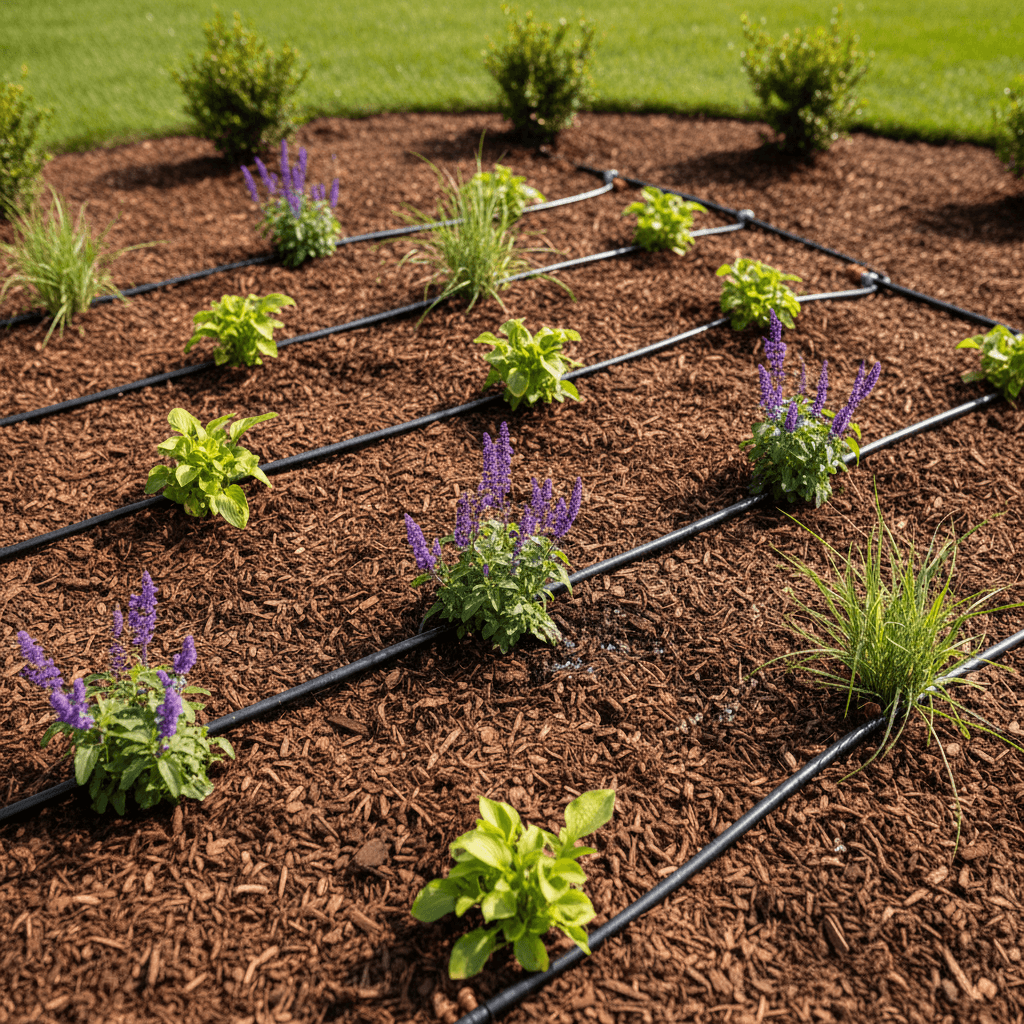 Drip irrigation tubing running through garden bed with emitters at base of plants
