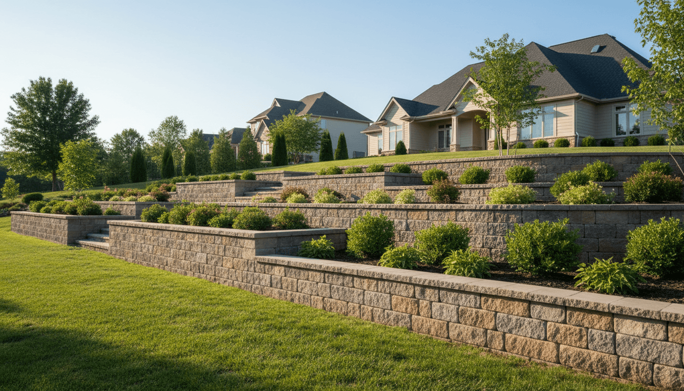 Landscapers working on a stone retaining wall in a residential backyard