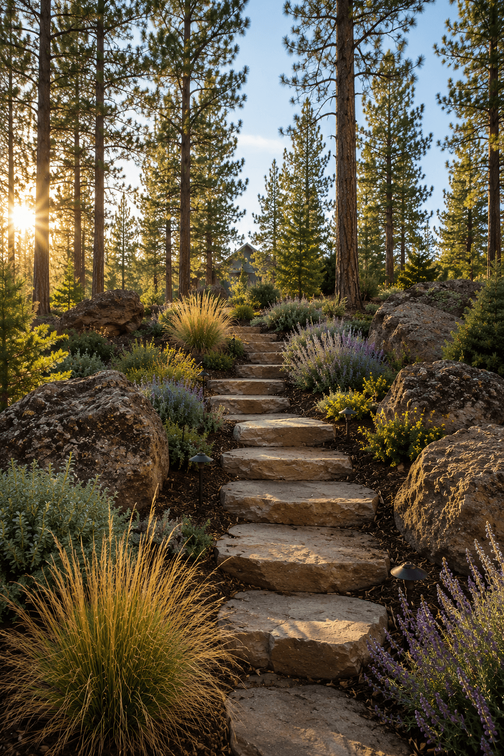 Stone steps wind through a landscaped garden with boulders and tall pines at golden hour.
