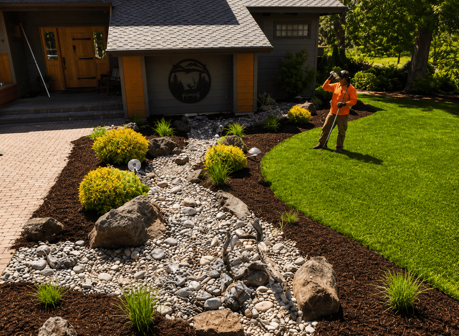 Landscaper in an orange shirt works beside a decorative dry stone riverbed and green lawn.