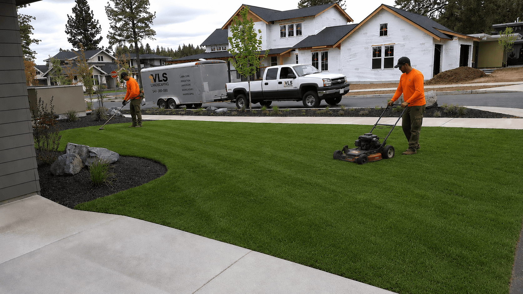 Two landscapers in orange shirts mow and trim a lush green lawn near construction.