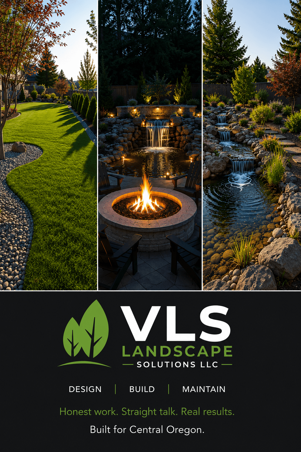 VLS Landscape Solutions advertisement showcasing a manicured lawn, stone fire pit, and tiered waterfall.