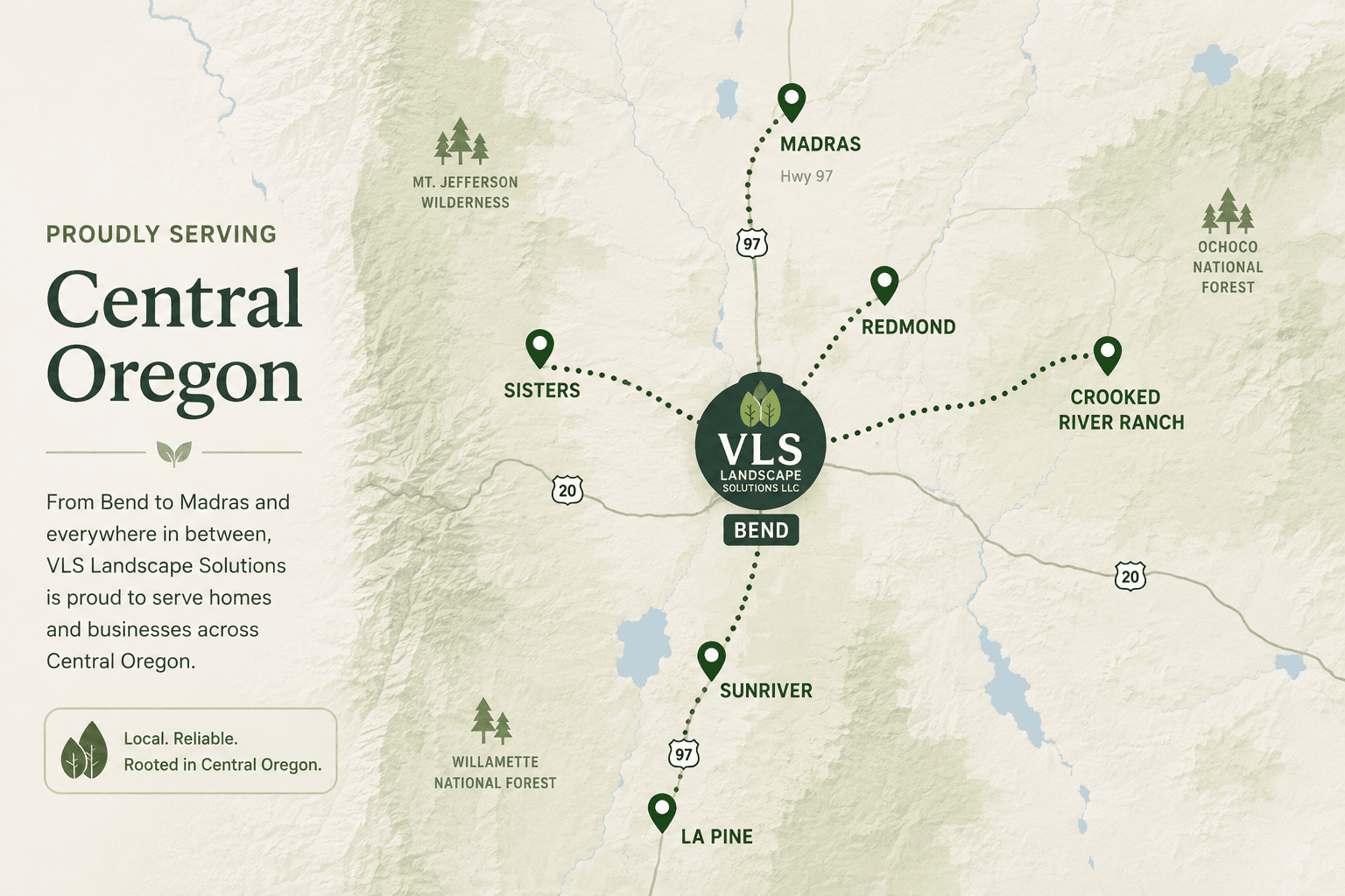 Central Oregon map highlighting VLS Landscape Solutions service areas including Bend, Madras, and Redmond.