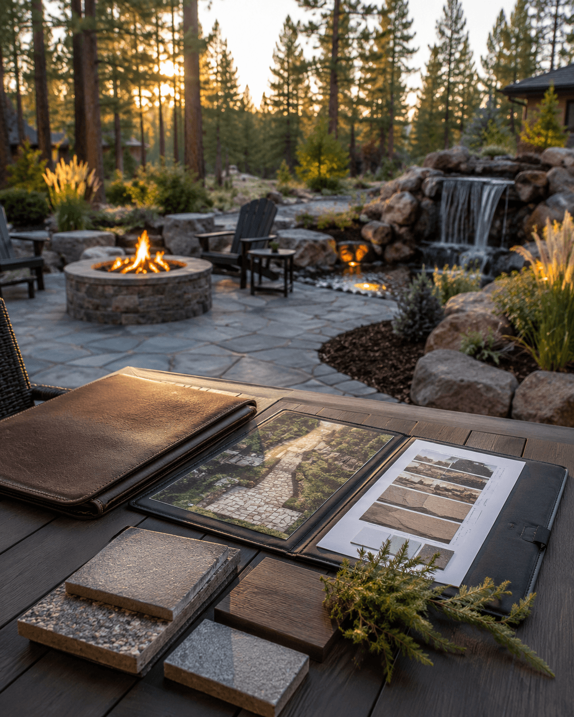 Landscape design materials on a table overlooking a patio with a fire pit and waterfall.